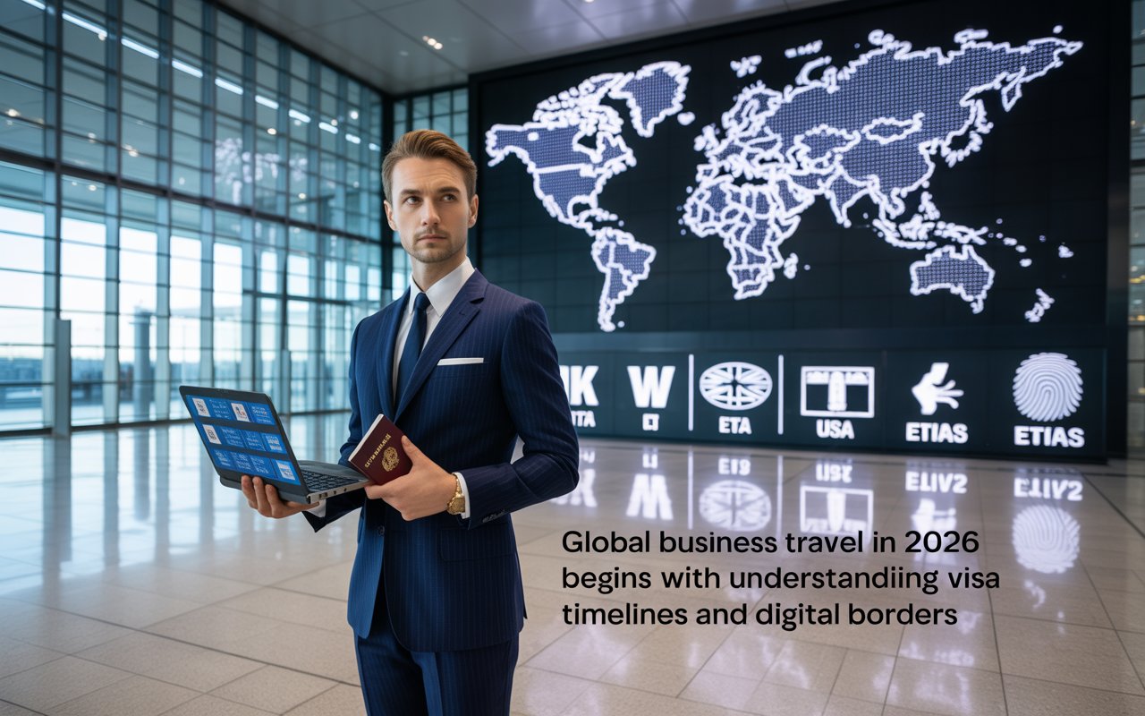 Business traveler reviewing global visa processing timelines for UK, Schengen, USA, and Ireland in 2026